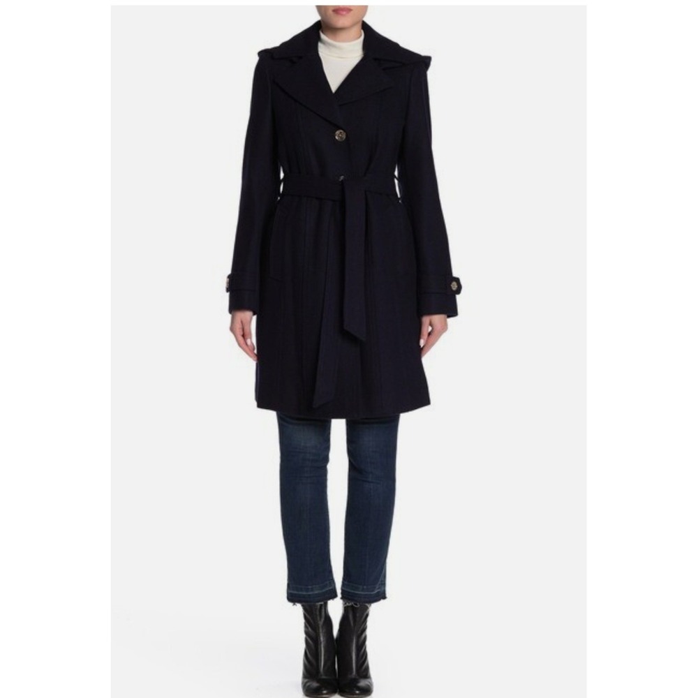 Michael Kors Trench Coat Womens Large Black Excellent Belted Wool Blend Hood